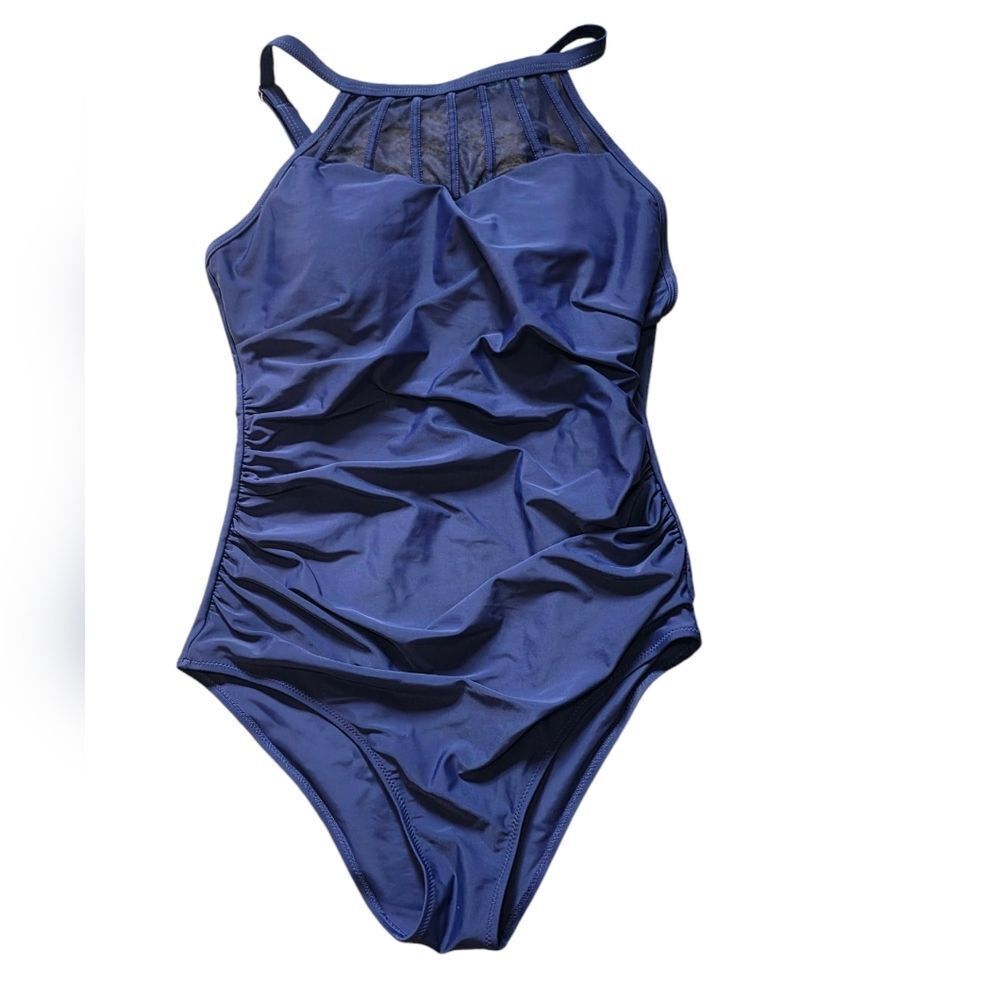 Holipick Navy Blue High Neck Mesh One-Piece Swimsuit